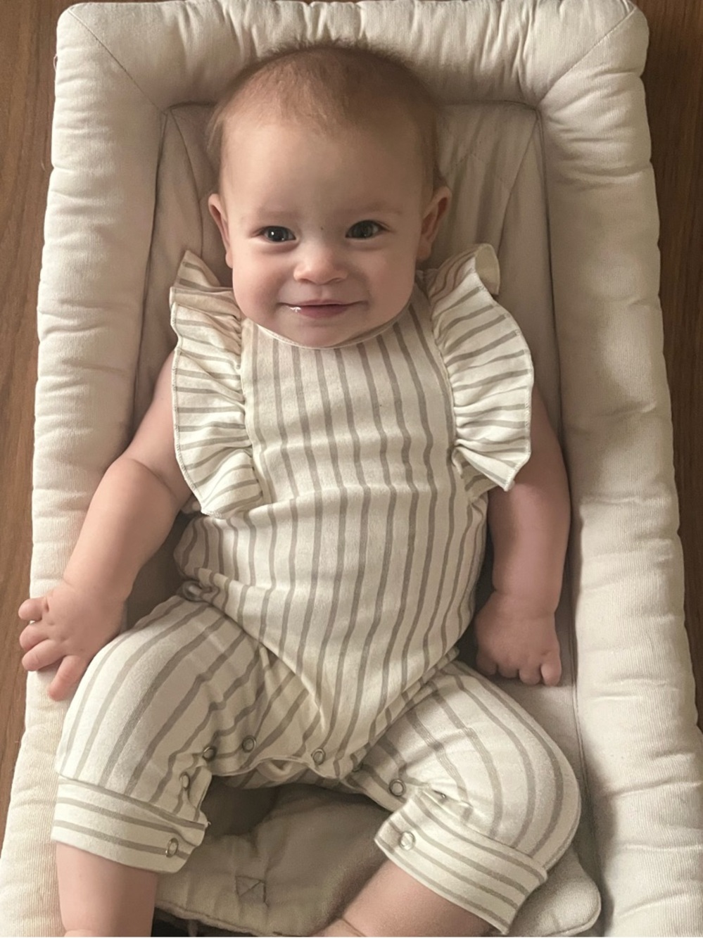 Pehr Stripes Away Sleeveless Ruffle Romper in Pebble Gray Organic Cotton 0-3 3m